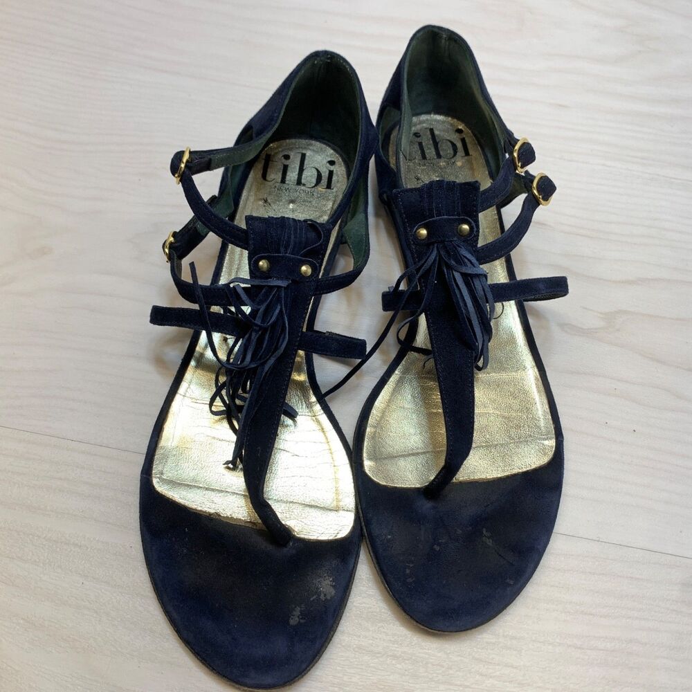 Tibi Fringe Thong Sandals Womens Size 9B Navy Blue Suede Leather - Picture 8 of 12